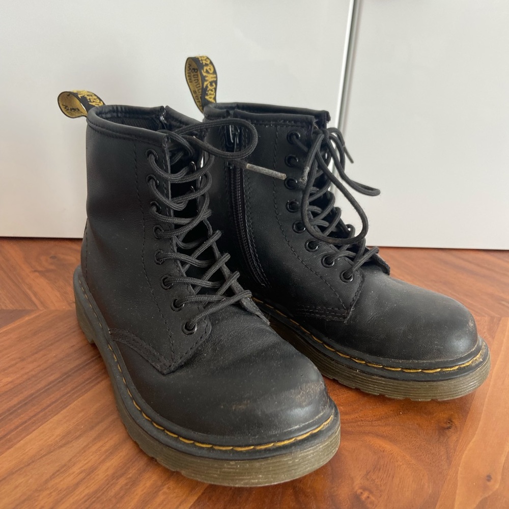 Kids size 13 black Doc Marten boots with side zipper.